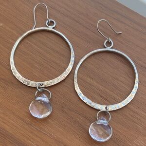Silver Hoop Earrings with Clear Quartz briolette.  -